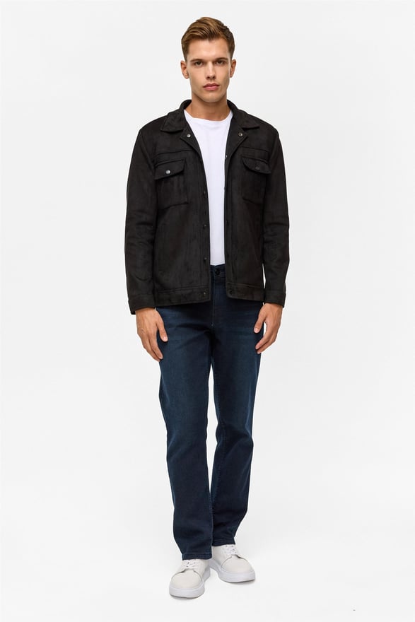 Siyah Slim Düz Klasik Yaka Mont