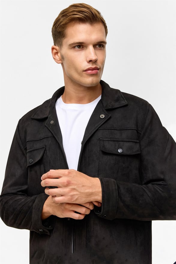 Siyah Slim Düz Klasik Yaka Mont