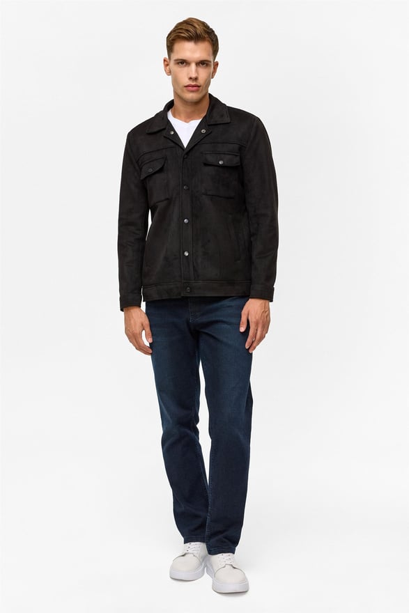 Siyah Slim Düz Klasik Yaka Mont