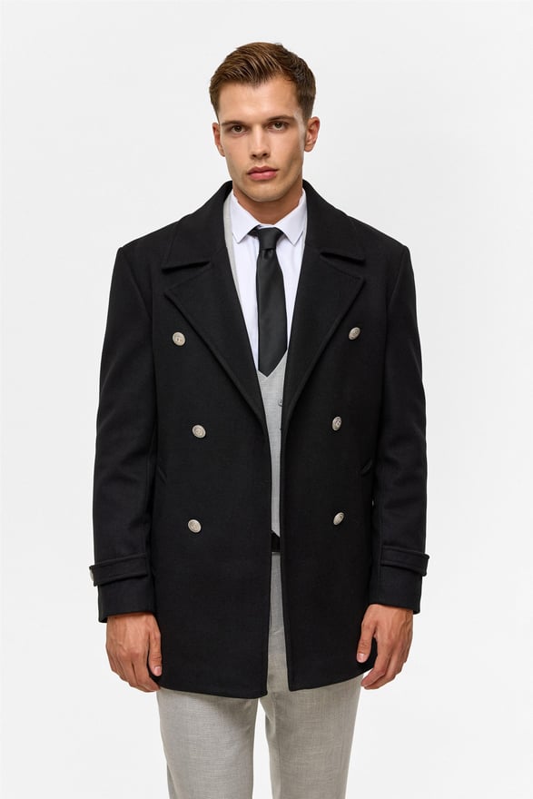 Siyah Slim Düz Kruvaze Yaka Kaban