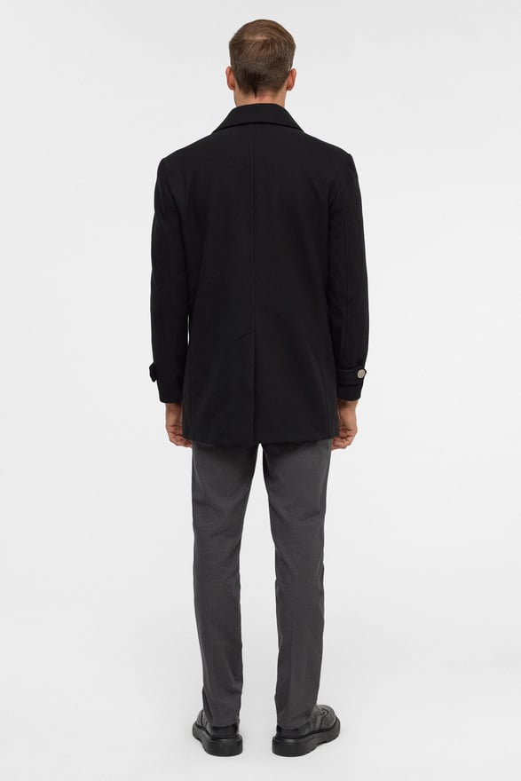 Siyah Slim Düz Kruvaze Yaka Kaban