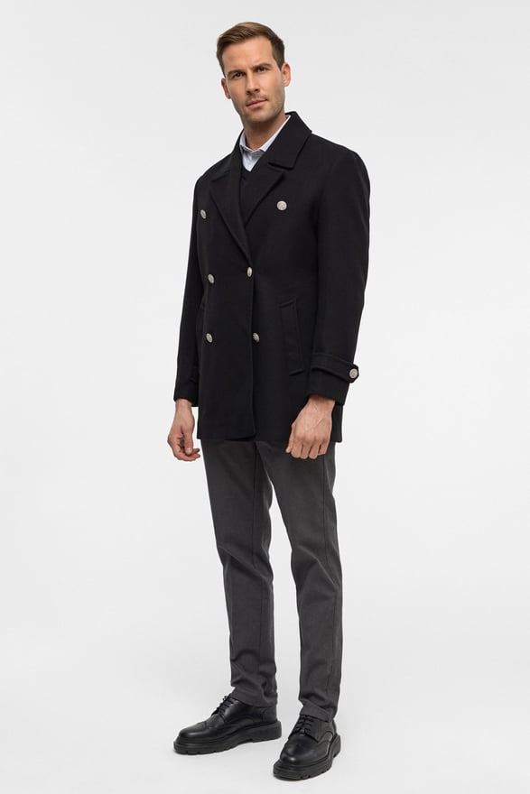 Siyah Slim Düz Kruvaze Yaka Kaban