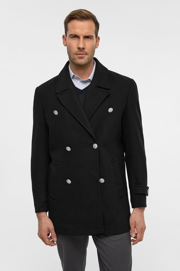 Siyah Slim Düz Kruvaze Yaka Kaban