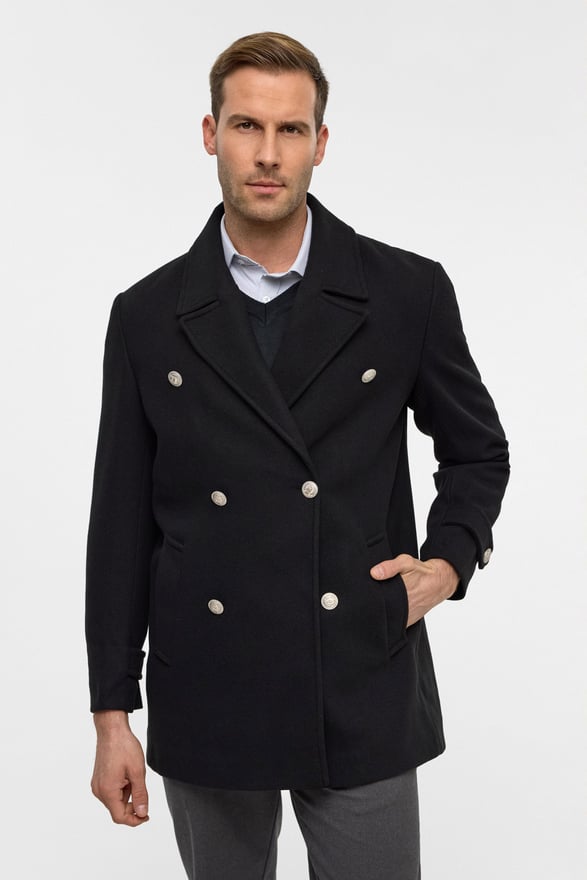 Siyah Slim Düz Kruvaze Yaka Kaban