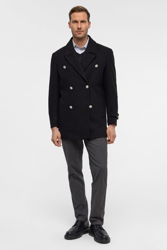 Siyah Slim Düz Kruvaze Yaka Kaban