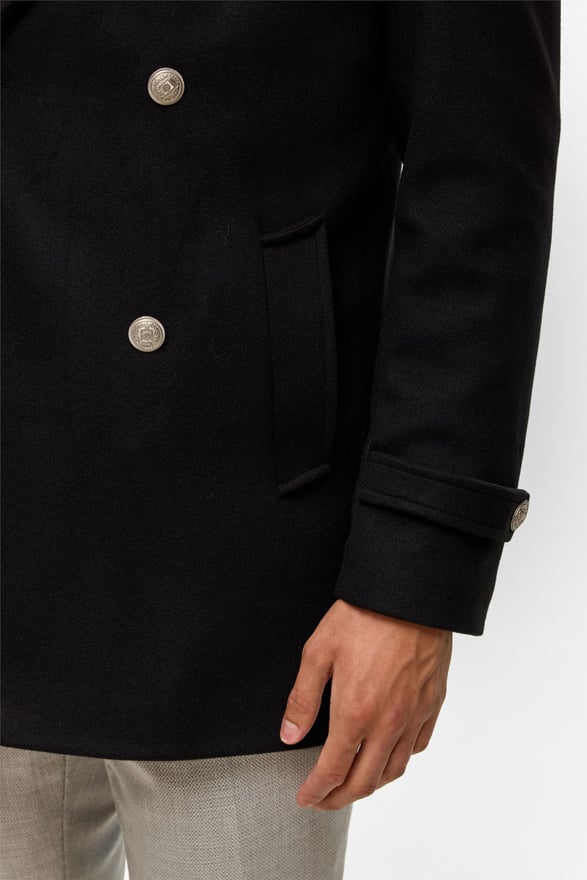 Siyah Slim Düz Kruvaze Yaka Kaban