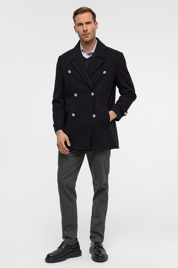 Siyah Slim Düz Kruvaze Yaka Kaban