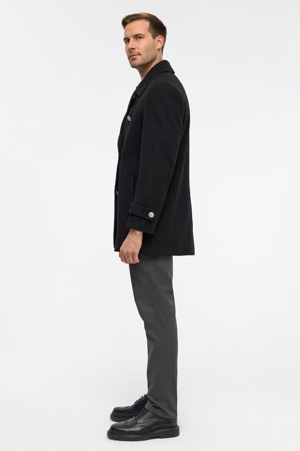 Siyah Slim Düz Kruvaze Yaka Kaban