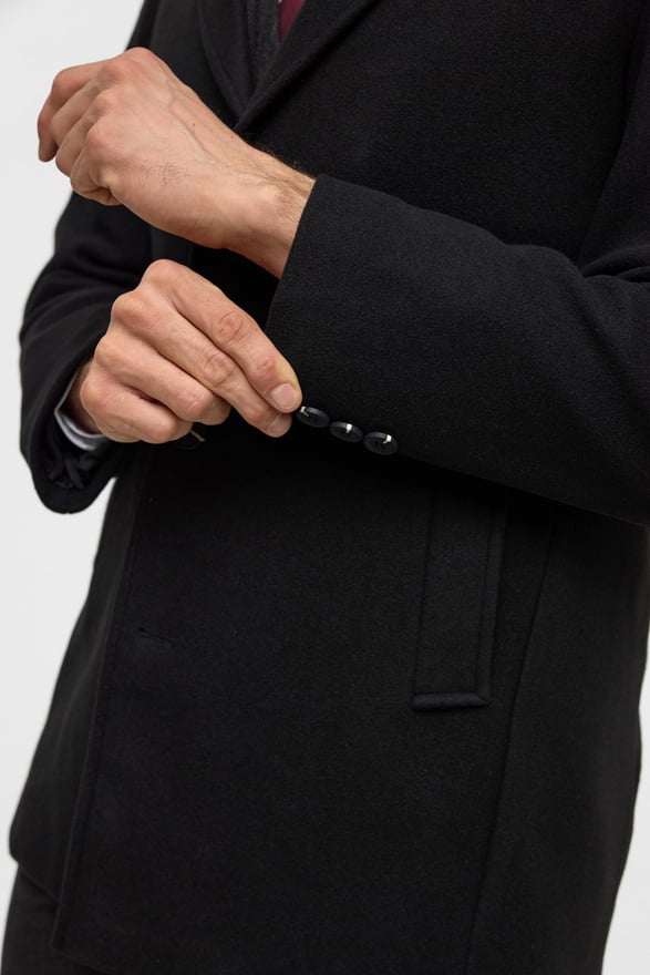 Siyah Slim Düz Sivri Yaka Kaban