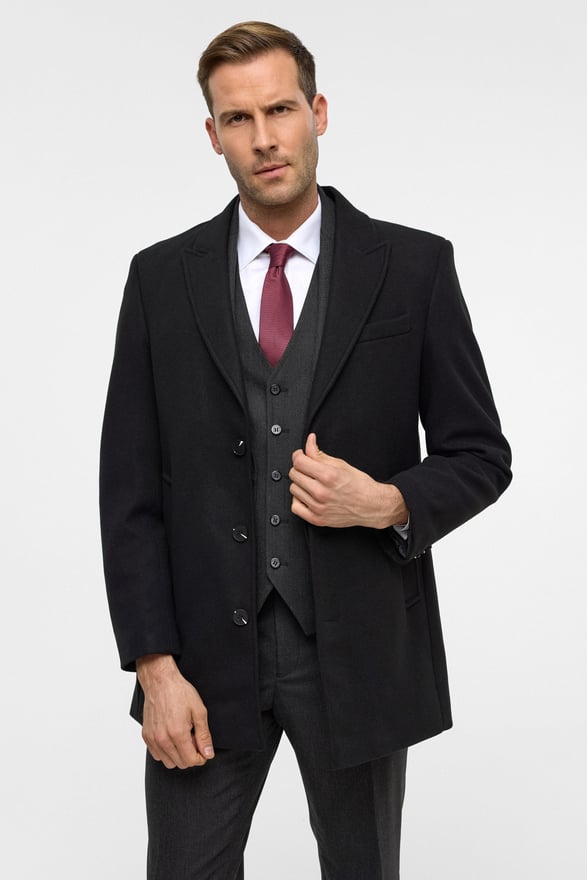 Siyah Slim Düz Sivri Yaka Kaban