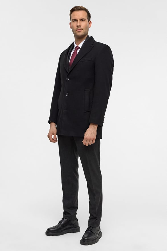 Siyah Slim Düz Sivri Yaka Kaban