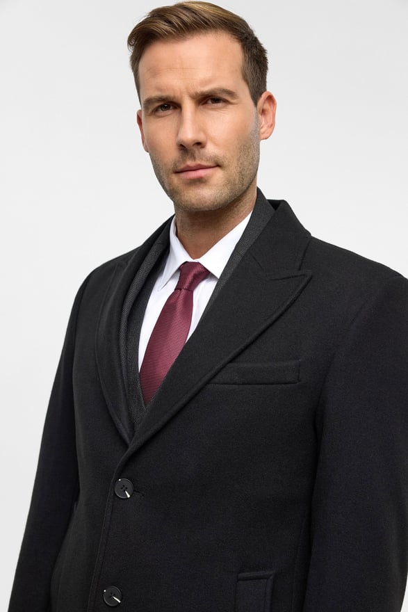 Siyah Slim Düz Sivri Yaka Kaban