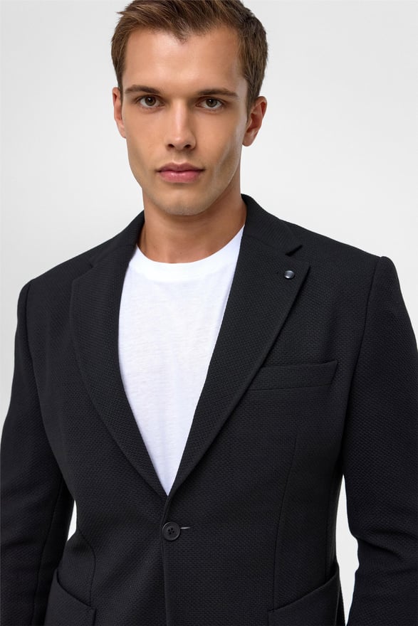Siyah Slim Fit Desenli Mono Yaka 6 Drop Ceket