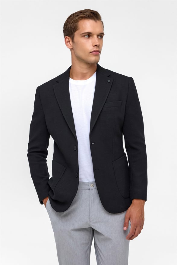 Siyah Slim Fit Desenli Mono Yaka 6 Drop Ceket