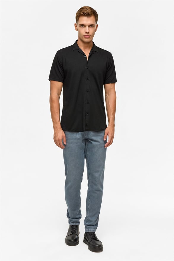 Siyah Slim Fitilli Apaş Yaka Gömlek