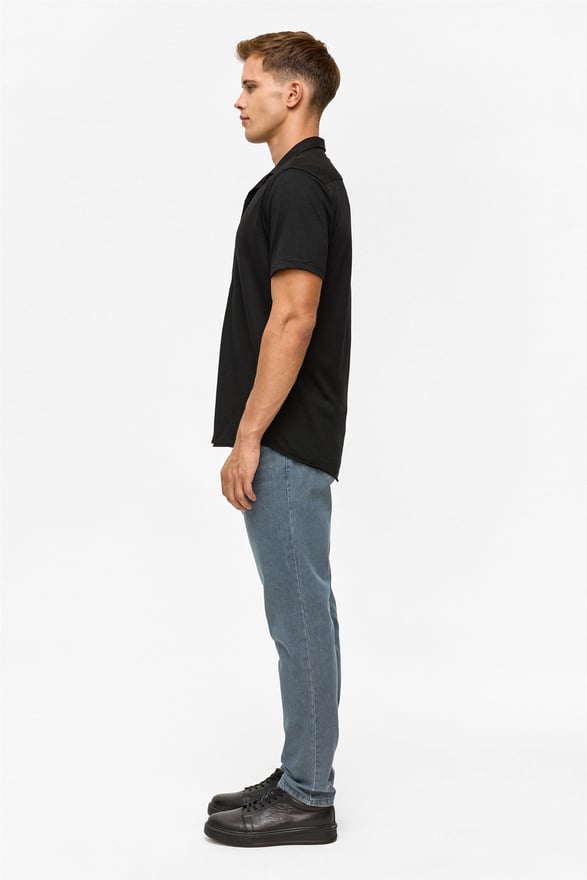 Siyah Slim Fitilli Apaş Yaka Gömlek