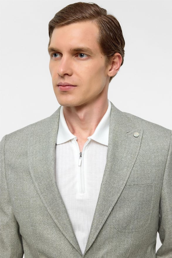 Su Yeşili Slim Fit Desenli Sivri Yaka 6 Drop Ceket