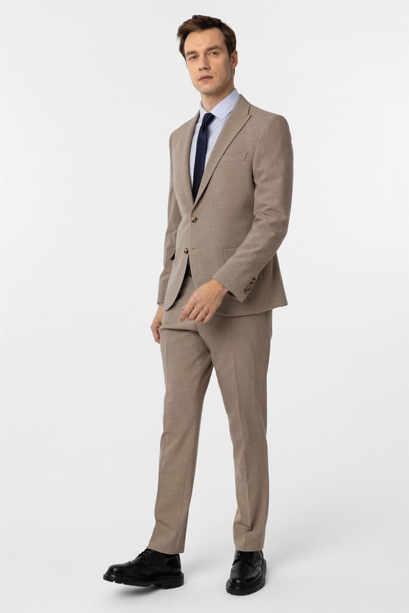 Sütlü Kahve Slim Desenli Sivri Yaka 6 Drop Takım Elbise