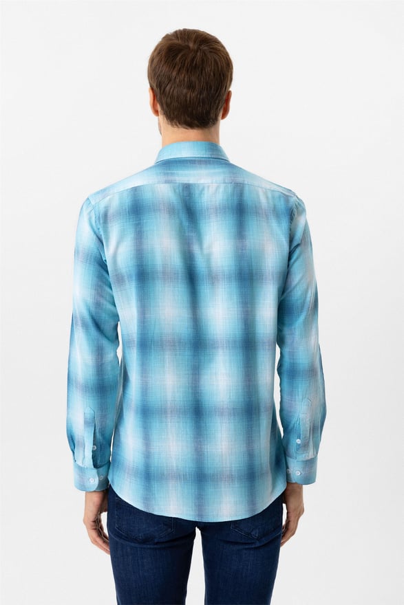 Turkuaz Slim Desenli Düğmeli Yaka Gömlek