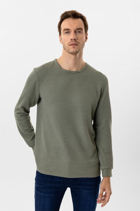 Yeşil Slim Armürlü O Yaka Triko