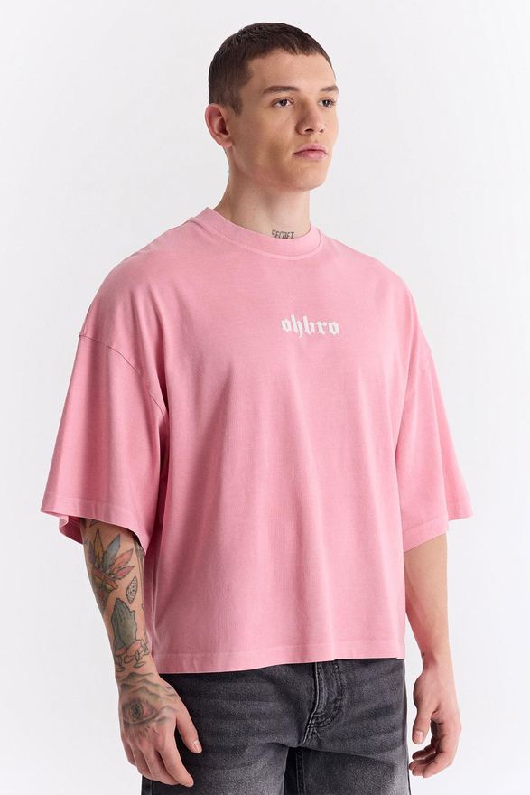 Açık Pembe Klasik Logo Super Oversize Crop Tişört