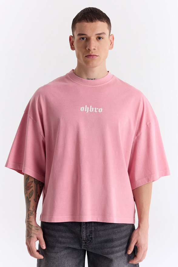Açık Pembe Klasik Logo Super Oversize Crop Tişört