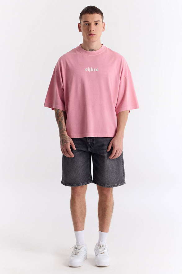Açık Pembe Klasik Logo Super Oversize Crop Tişört