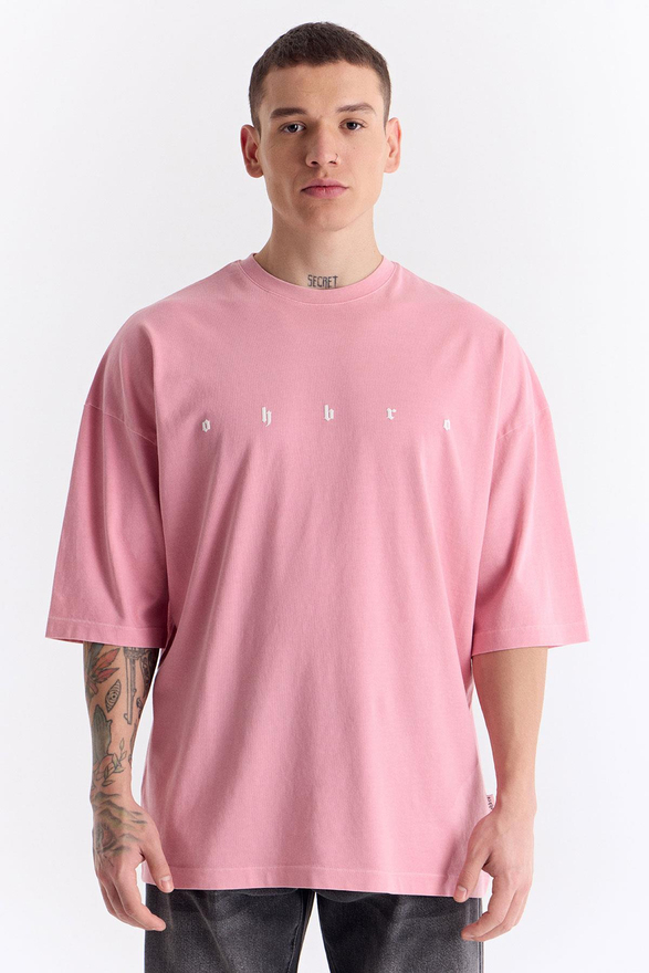 Açık Pembe Uzun Logo Super Oversize Tişört