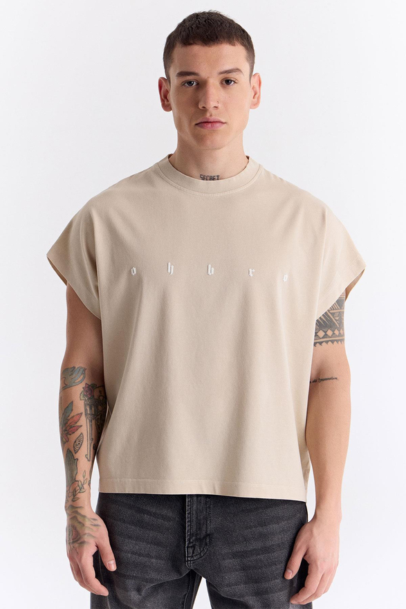 Bej Uzun Logo Super Oversize Crop Kolsuz Tişört