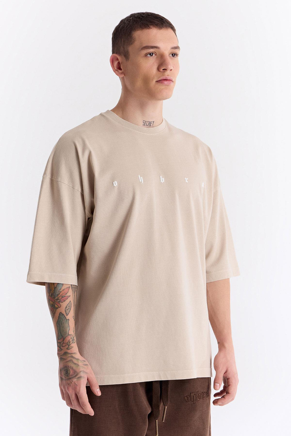 LONG LOGO SUPER OVERSIZE T-SHIRT in beige grey