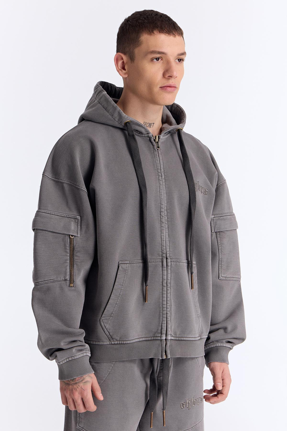 Gri Yıkamalı Kapüşonlu Fermuarlı Oversize Cep Detaylı Sweatshirt