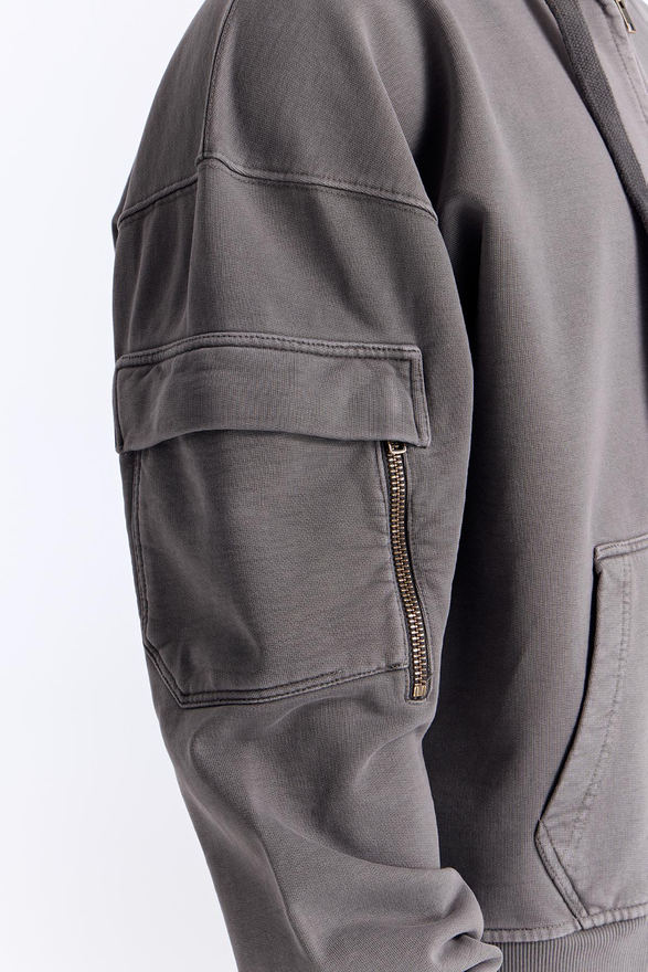 Gri Yıkamalı Kapüşonlu Fermuarlı Oversize Cep Detaylı Sweatshirt