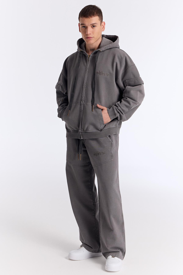 Gri Yıkamalı Kapüşonlu Fermuarlı Oversize Cep Detaylı Sweatshirt