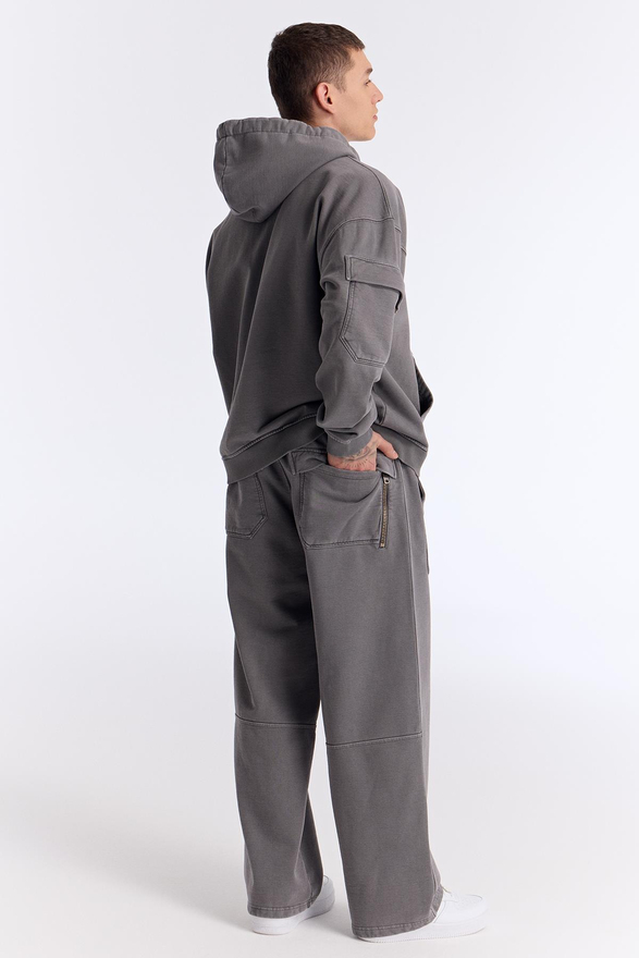 Gri Yıkamalı Kapüşonlu Fermuarlı Oversize Cep Detaylı Sweatshirt