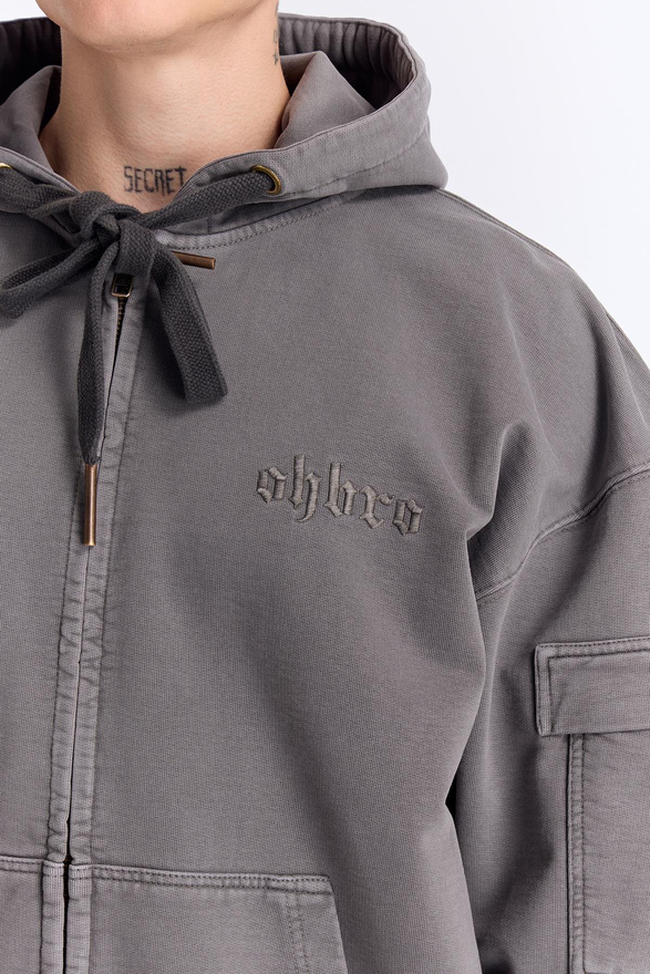 Gri Yıkamalı Kapüşonlu Fermuarlı Oversize Cep Detaylı Sweatshirt