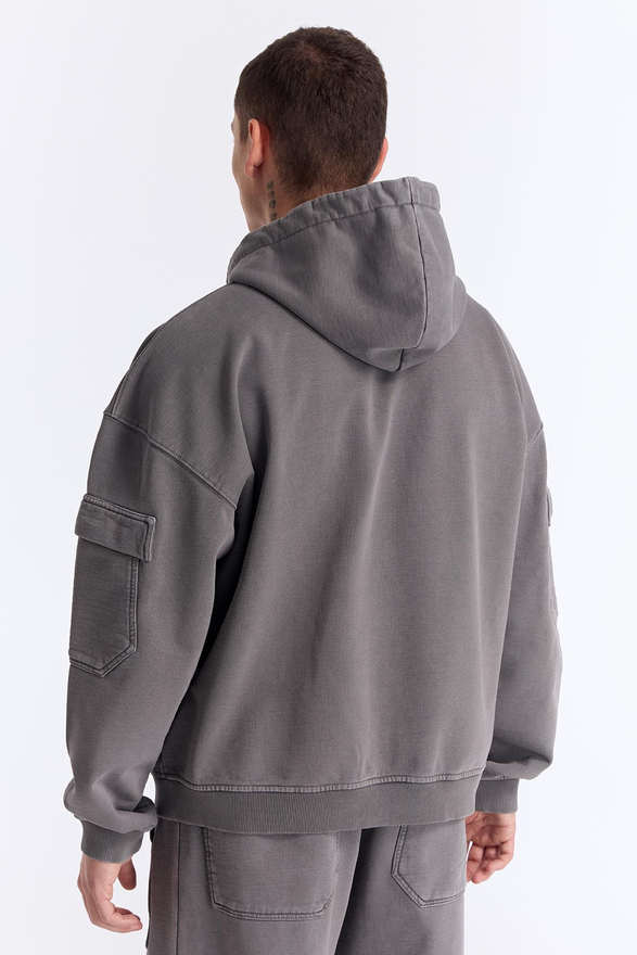 Gri Yıkamalı Kapüşonlu Fermuarlı Oversize Cep Detaylı Sweatshirt