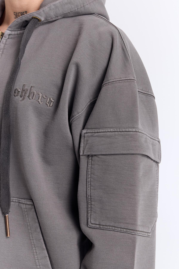 Gri Yıkamalı Kapüşonlu Fermuarlı Oversize Cep Detaylı Sweatshirt
