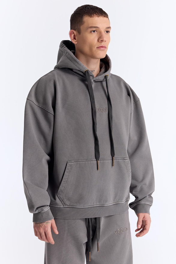 Gri Yıkamalı Kapüşonlu Oversize Sweatshirt
