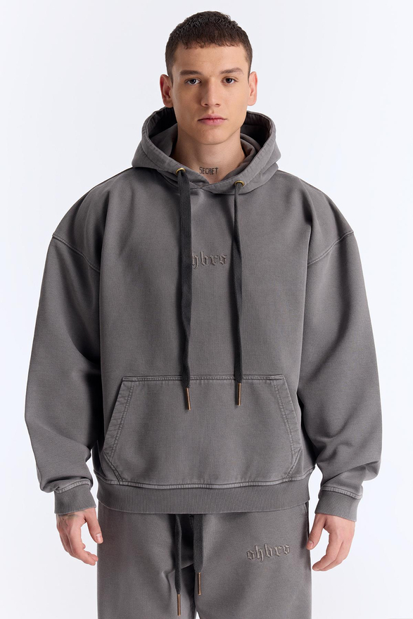 Gri Yıkamalı Kapüşonlu Oversize Sweatshirt