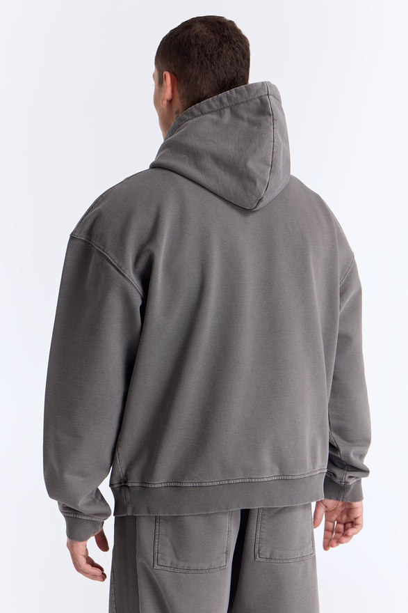 Gri Yıkamalı Kapüşonlu Oversize Sweatshirt