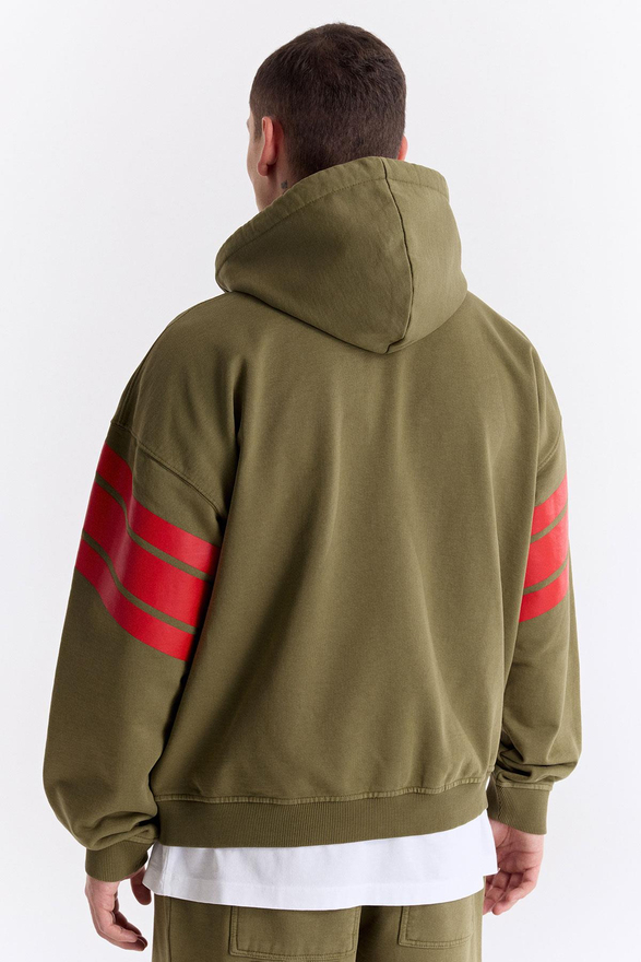 Haki 75 Baskılı Kapüşonlu Fermuarlı Oversize Sweatshirt