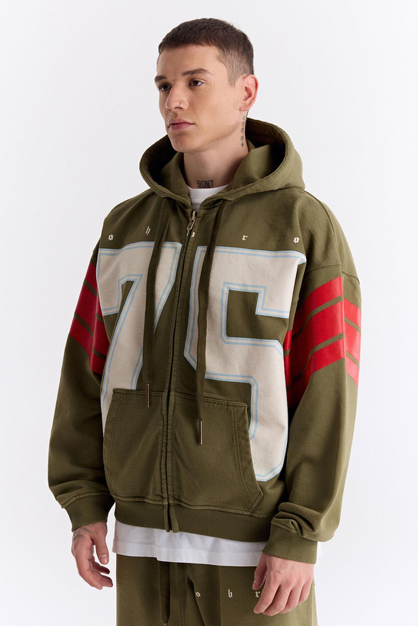 Haki 75 Baskılı Kapüşonlu Fermuarlı Oversize Sweatshirt