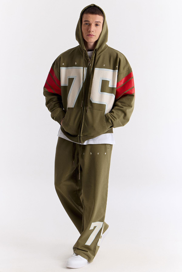 Haki 75 Baskılı Kapüşonlu Fermuarlı Oversize Sweatshirt