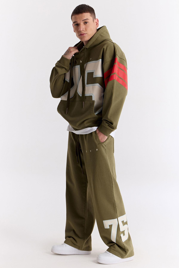 Haki 75 Baskılı Kapüşonlu Oversize Sweatshirt