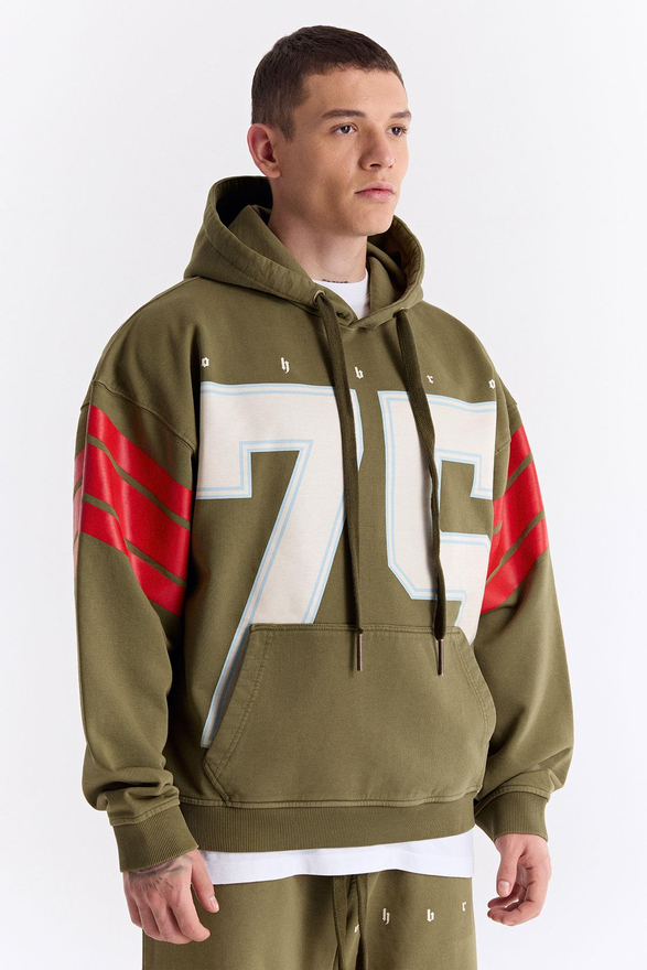 Haki 75 Baskılı Kapüşonlu Oversize Sweatshirt
