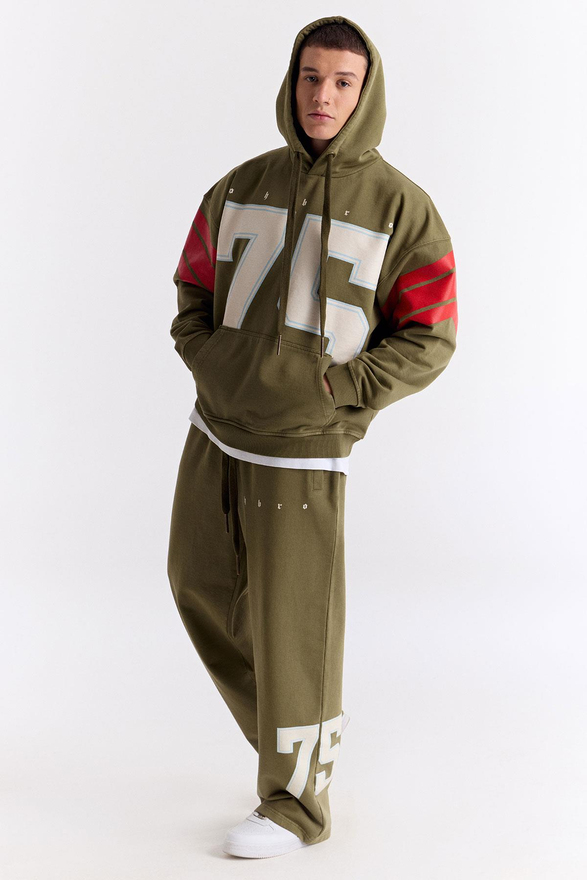 Haki 75 Baskılı Kapüşonlu Oversize Sweatshirt