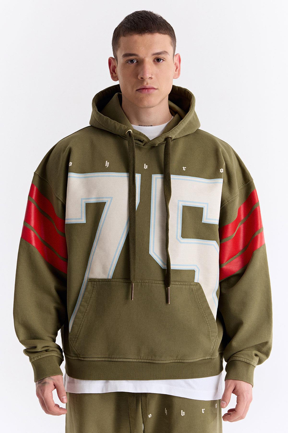 Haki 75 Baskılı Kapüşonlu Oversize Sweatshirt