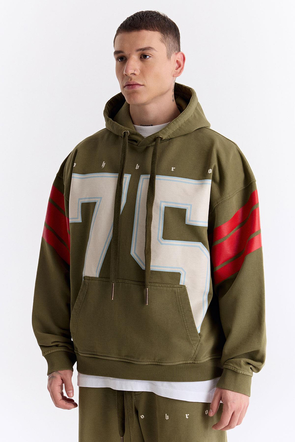 Haki 75 Baskılı Kapüşonlu Oversize Sweatshirt