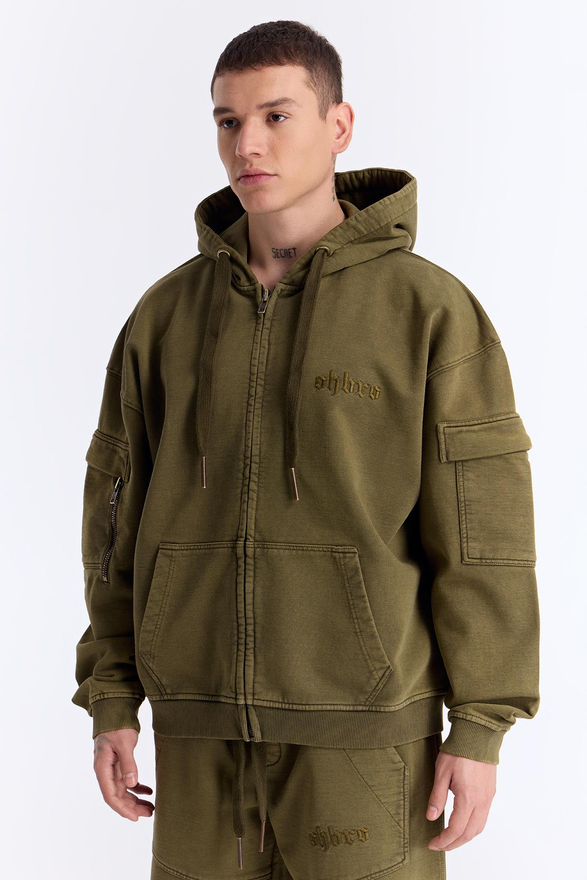 Haki Yıkamalı Kapüşonlu Fermuarlı Oversize Cep Detaylı Sweatshirt
