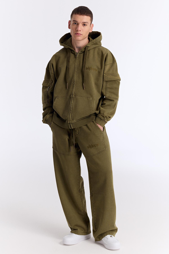 Haki Yıkamalı Kapüşonlu Fermuarlı Oversize Cep Detaylı Sweatshirt
